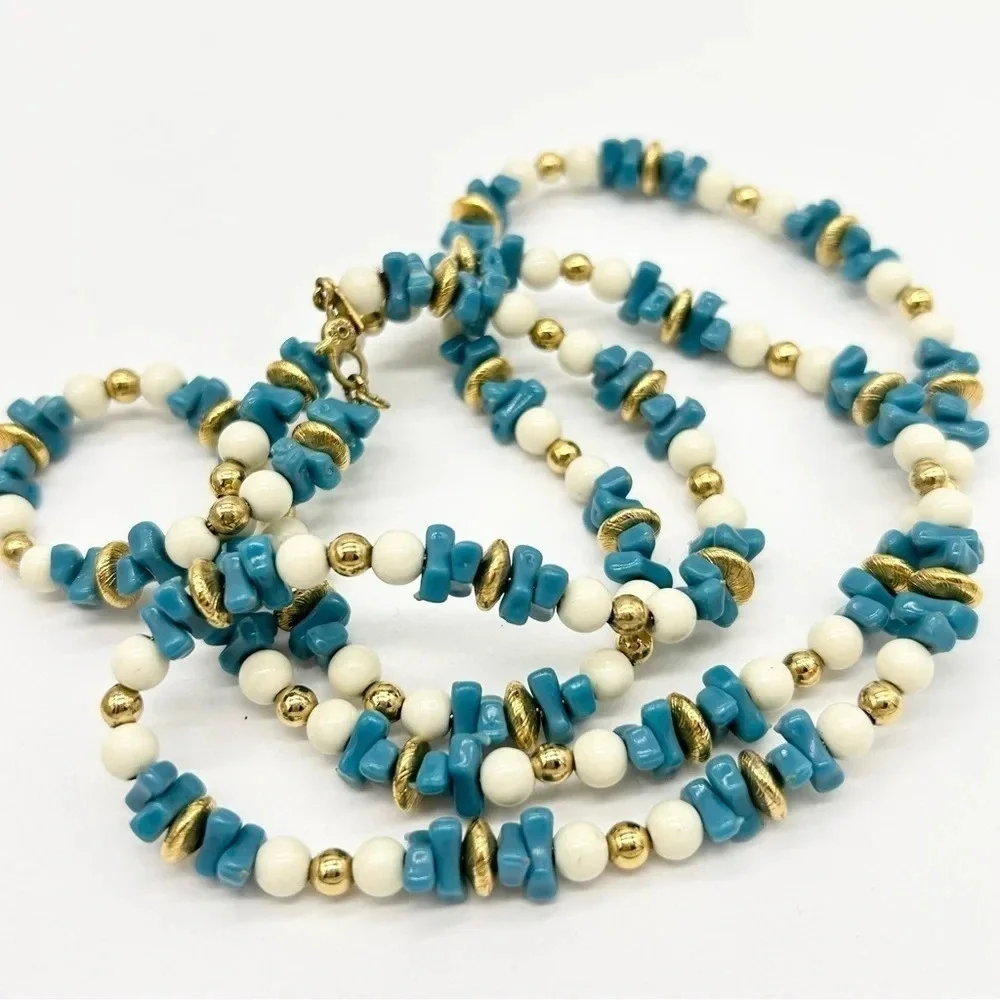 Monet Turquoise Blue Cream Gold Beaded Necklace